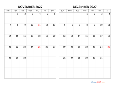 November and December 2027 Calendar Horizontal