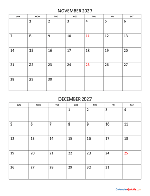 November and December 2027 Calendar Vertical