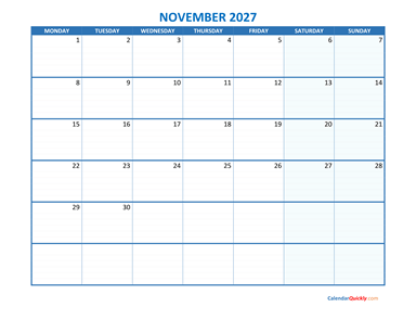 November Monday 2027 Blank Calendar