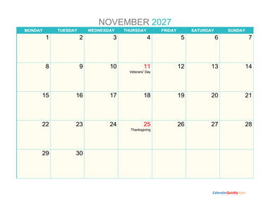 November Monday 2027 Calendar Printable