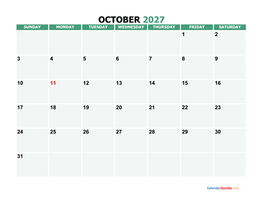 October 2027 Printable Calendar