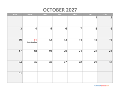 October Calendar 2027 with Holidays