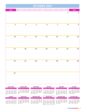 October Calendar 2027 Vertical