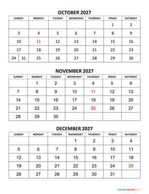 October to December 2027 Calendar Vertical