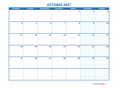 October Monday 2027 Blank Calendar