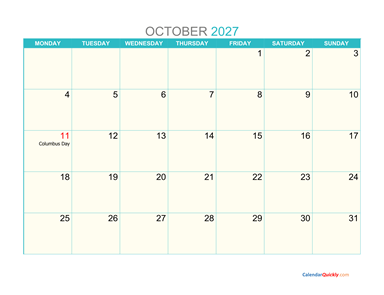October Monday 2027 Calendar Printable