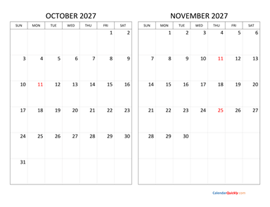 October and November 2027 Calendar Horizontal