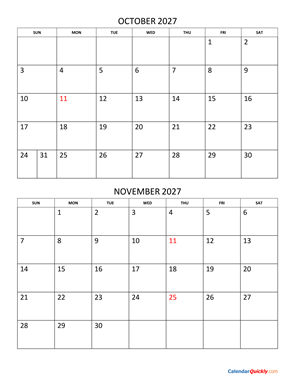 October and November 2027 Calendar Vertical