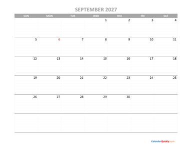 September Calendar 2027 Printable