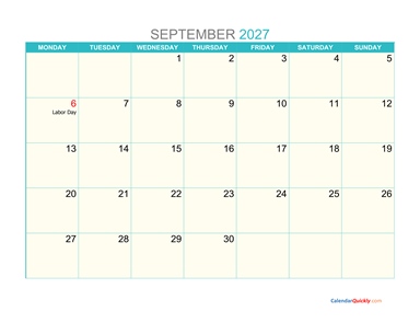 September Monday 2027 Calendar Printable