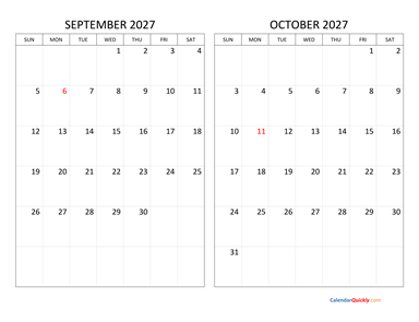 September and October 2027 Calendar Horizontal