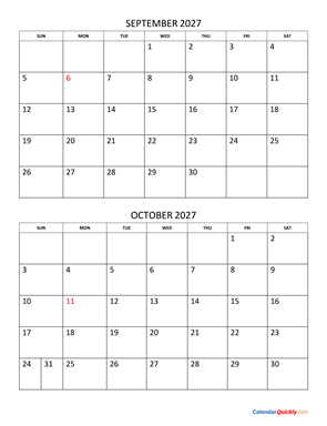 September and October 2027 Calendar Vertical