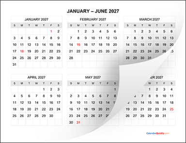 Six Months 2027 Calendar Horizontal