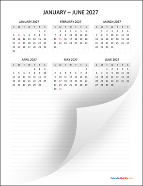 Six Months 2027 Calendar with Notes