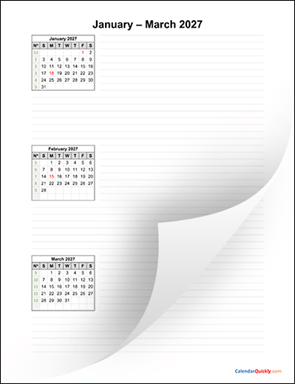 Three Months 2027 Calendar with Notes