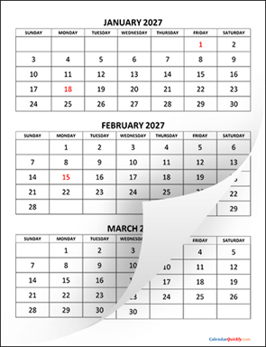 Three Months 2027 Calendar Vertical