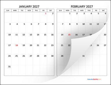 Two Months 2027 Calendar Horizontal