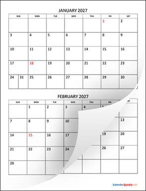 Two Months 2027 Calendar Vertical